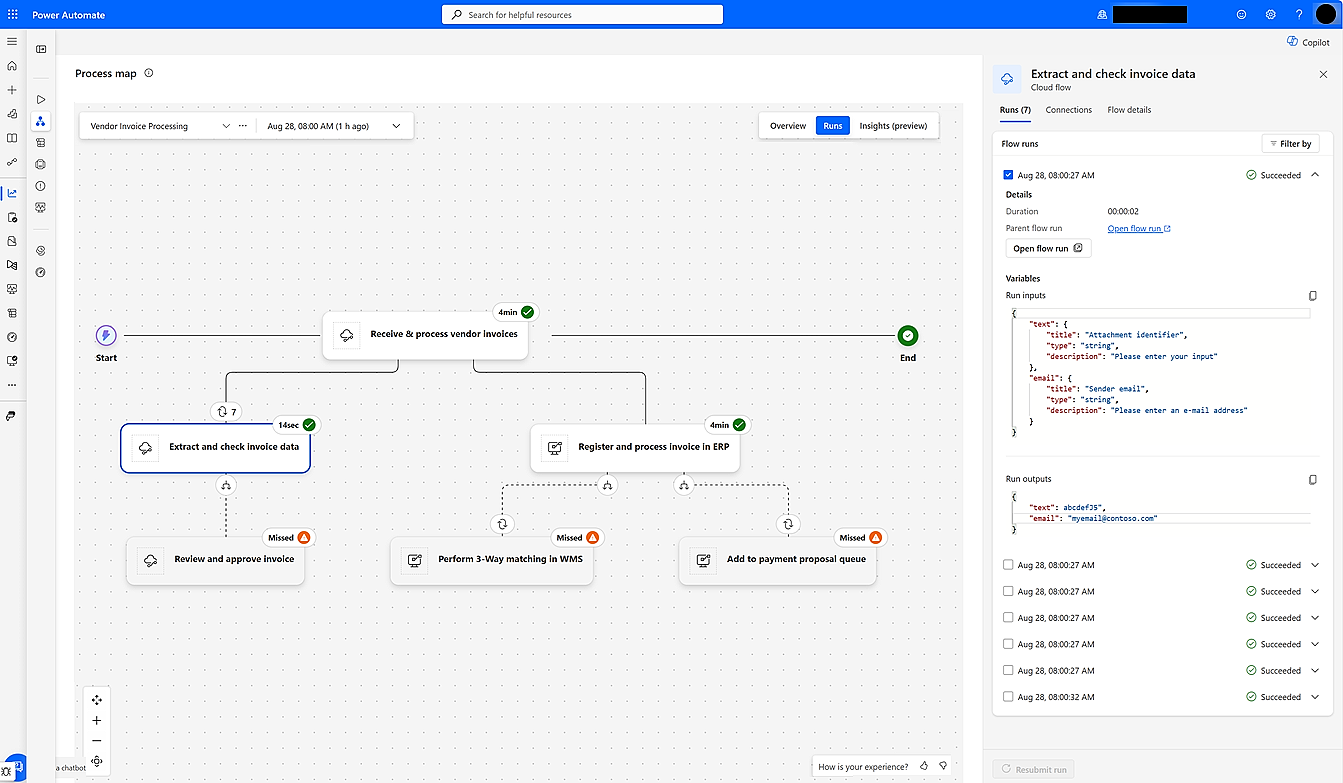 Power Automate Automation Center process map with connected cloud and desktop flows