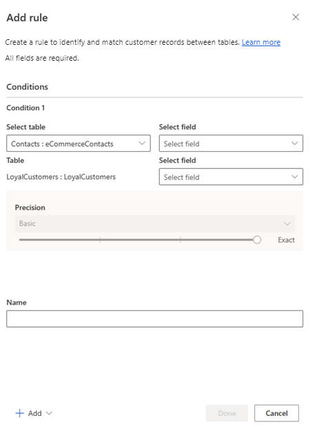Customer Insights matching-rule pane showing source tables, field selection and match precision