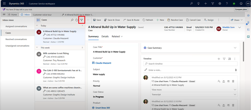 Dynamics 365 service inbox beside the active customer case