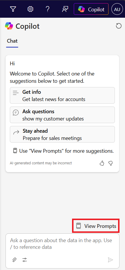 Copilot prompt menu in Dynamics 365 Sales, showing account information, customer updates and meeting preparation