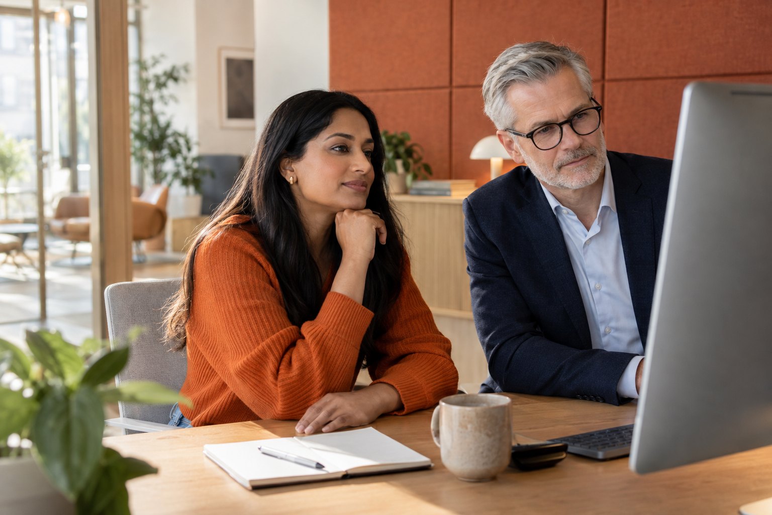 Data consultant in an orange sweater and commercial director reviewing customer information together