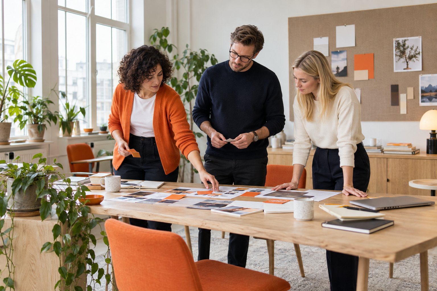 Marketing colleagues arranging campaign materials in a studio with orange chairs and an orange cardigan