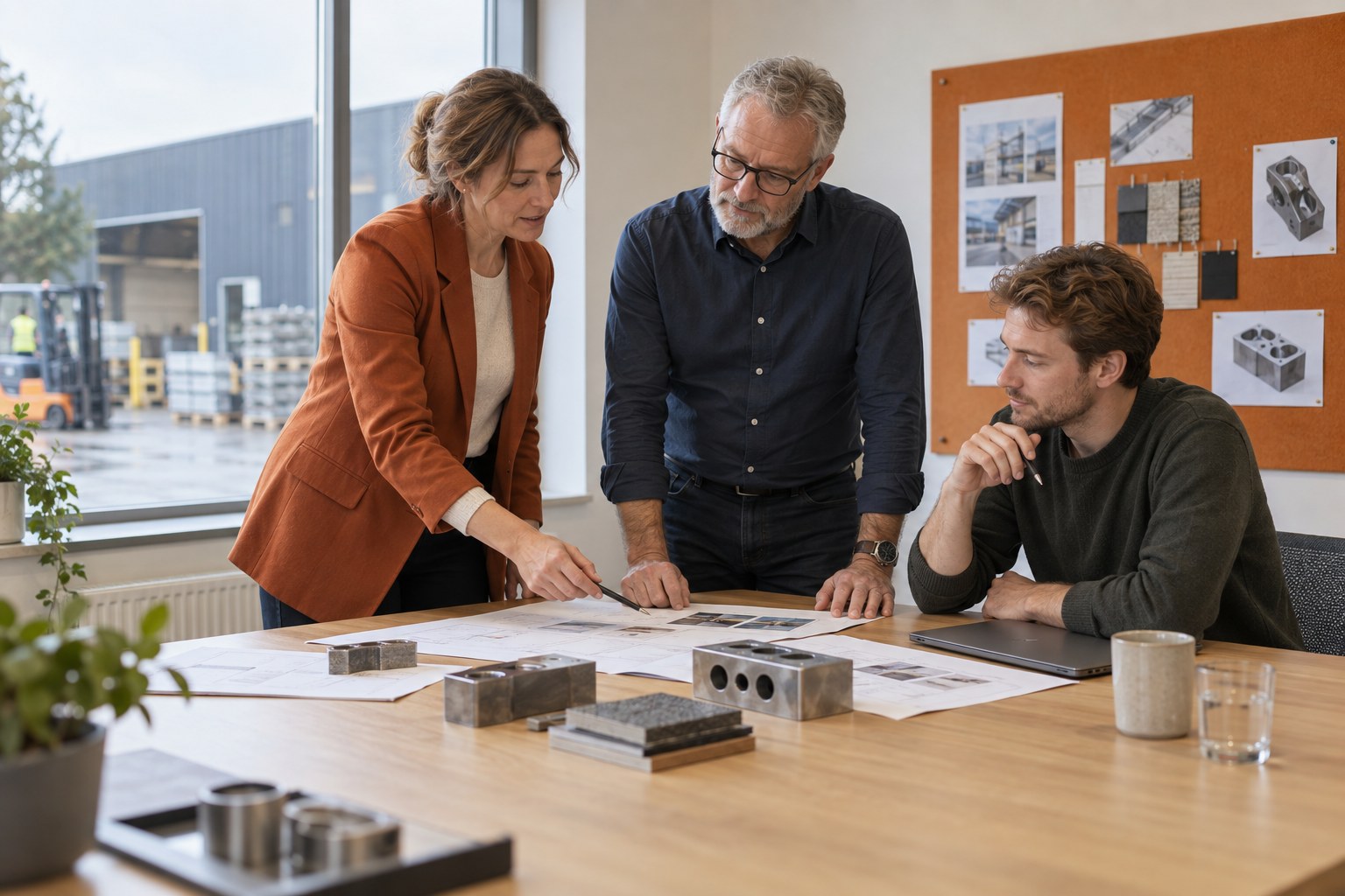 Three professionals reviewing a customer handover with documents and product samples