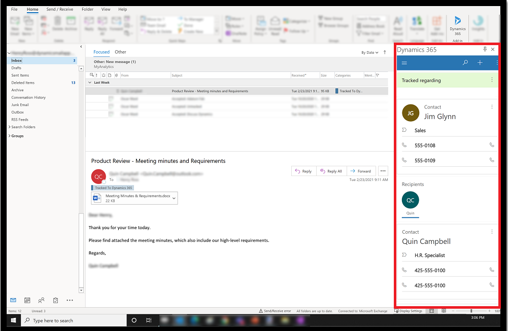 Microsoft documentation screenshot of the Dynamics 365 pane beside an Outlook email