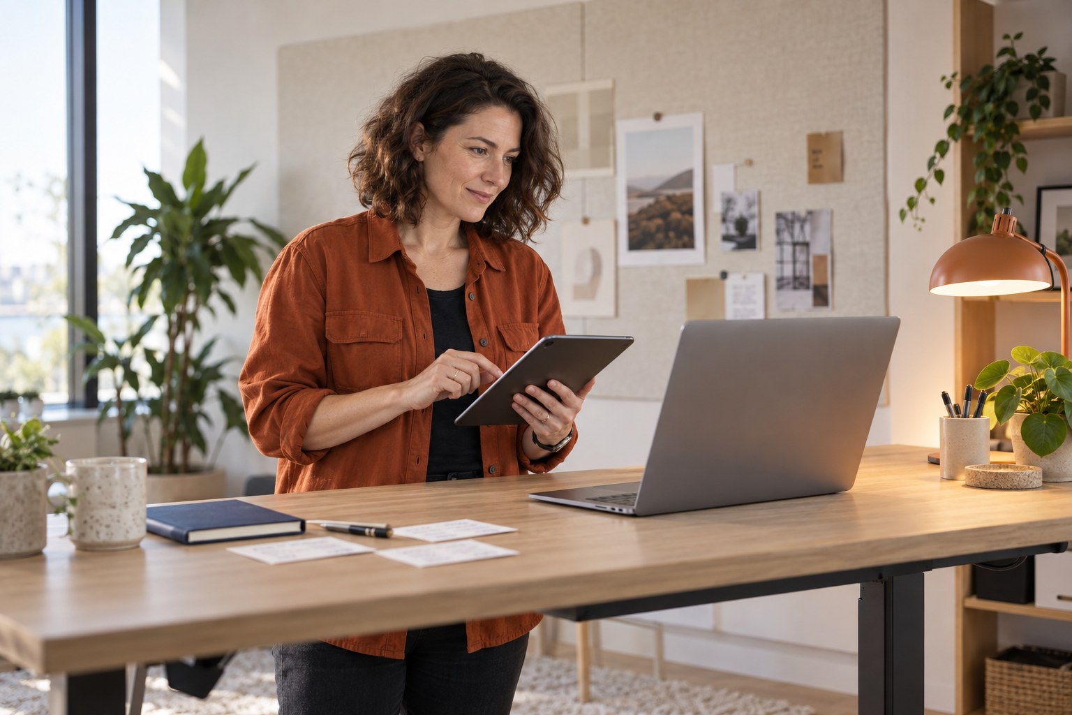 A software maker in an orange overshirt testing a tablet beside a laptop